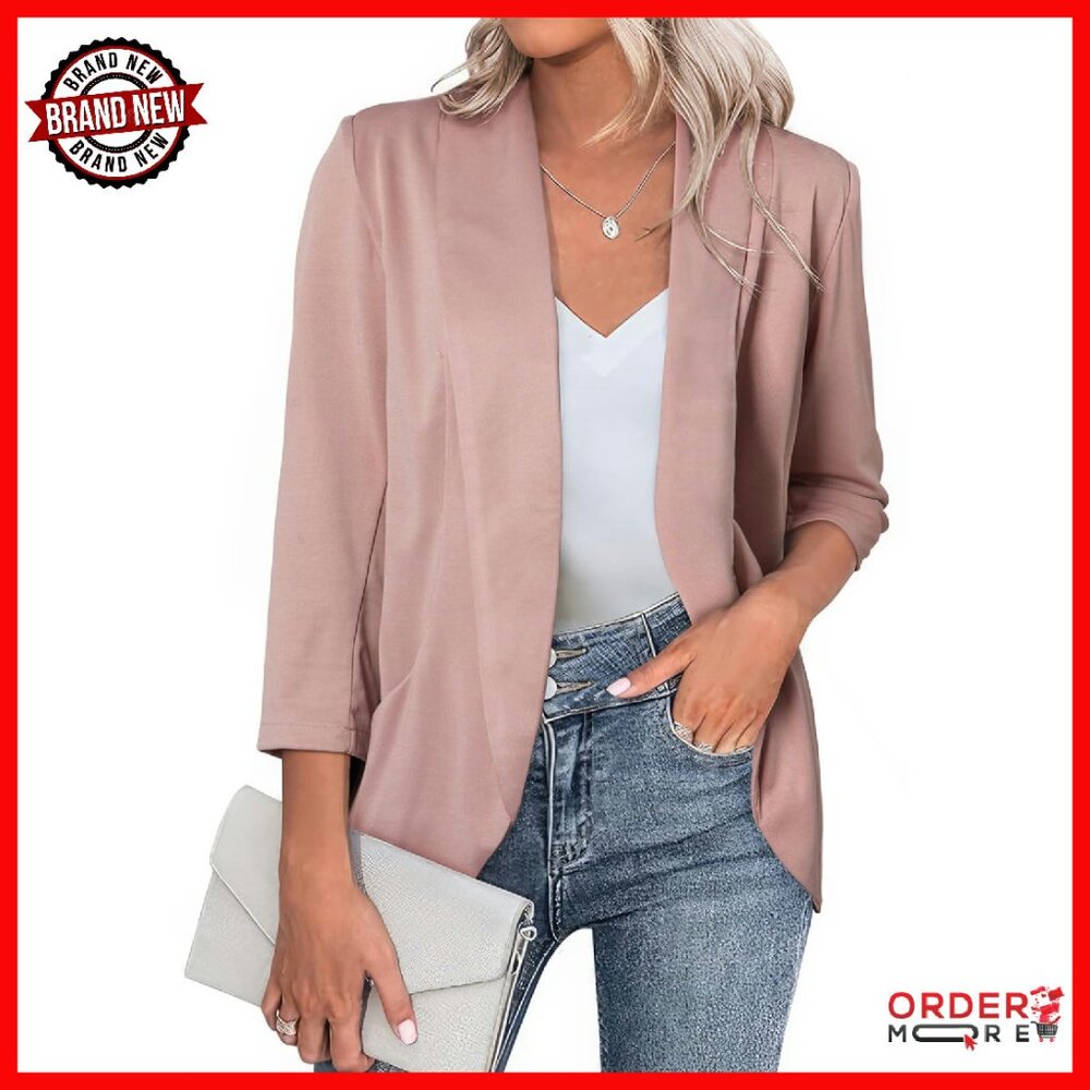 Lightweight 3/4 Sleeve Blazer Open Front Cardigan Jacket Office Wear
